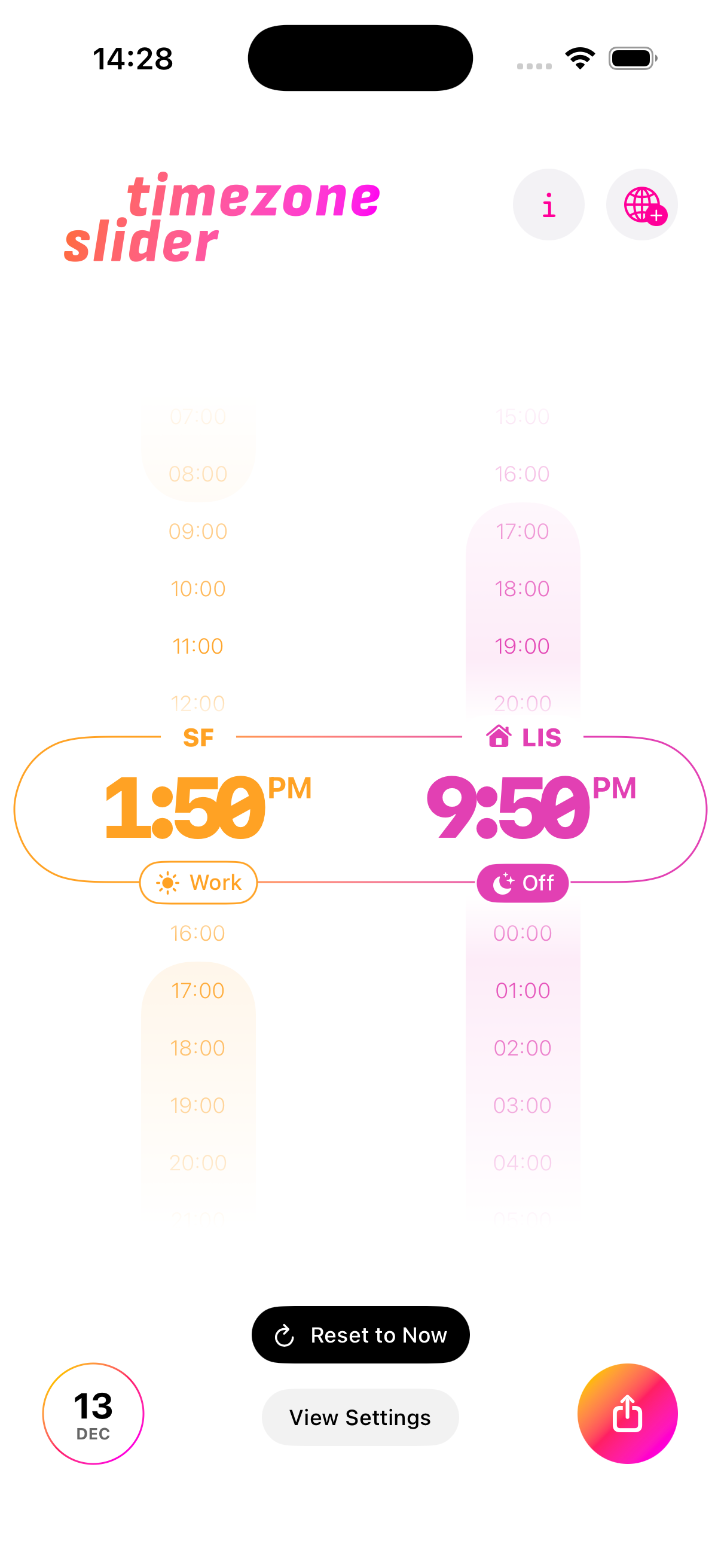 Time Slider main screen displaying multiple world timezones with visual time comparison